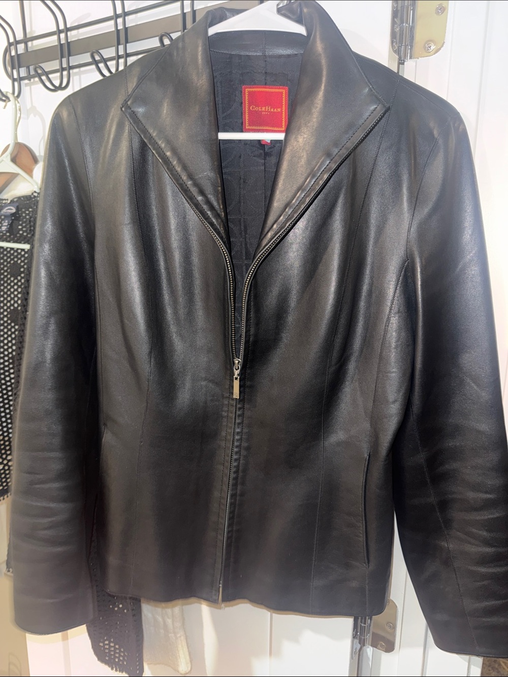Cole Haan Black Leather Zip Jacket with Notched Collar